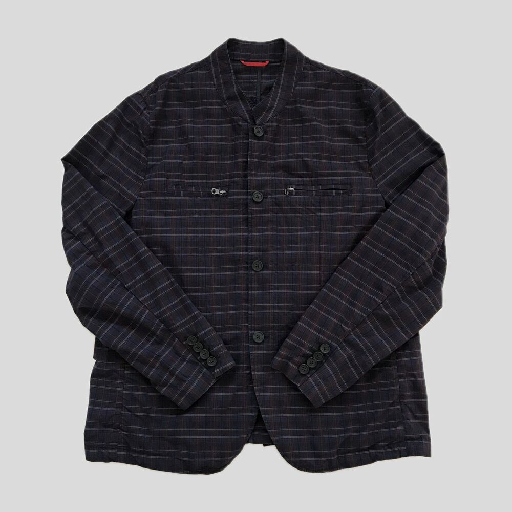 Sons of Intrigue Blue Plaid Cotton Button Zip Lightweight Jacket Mens Size XXL